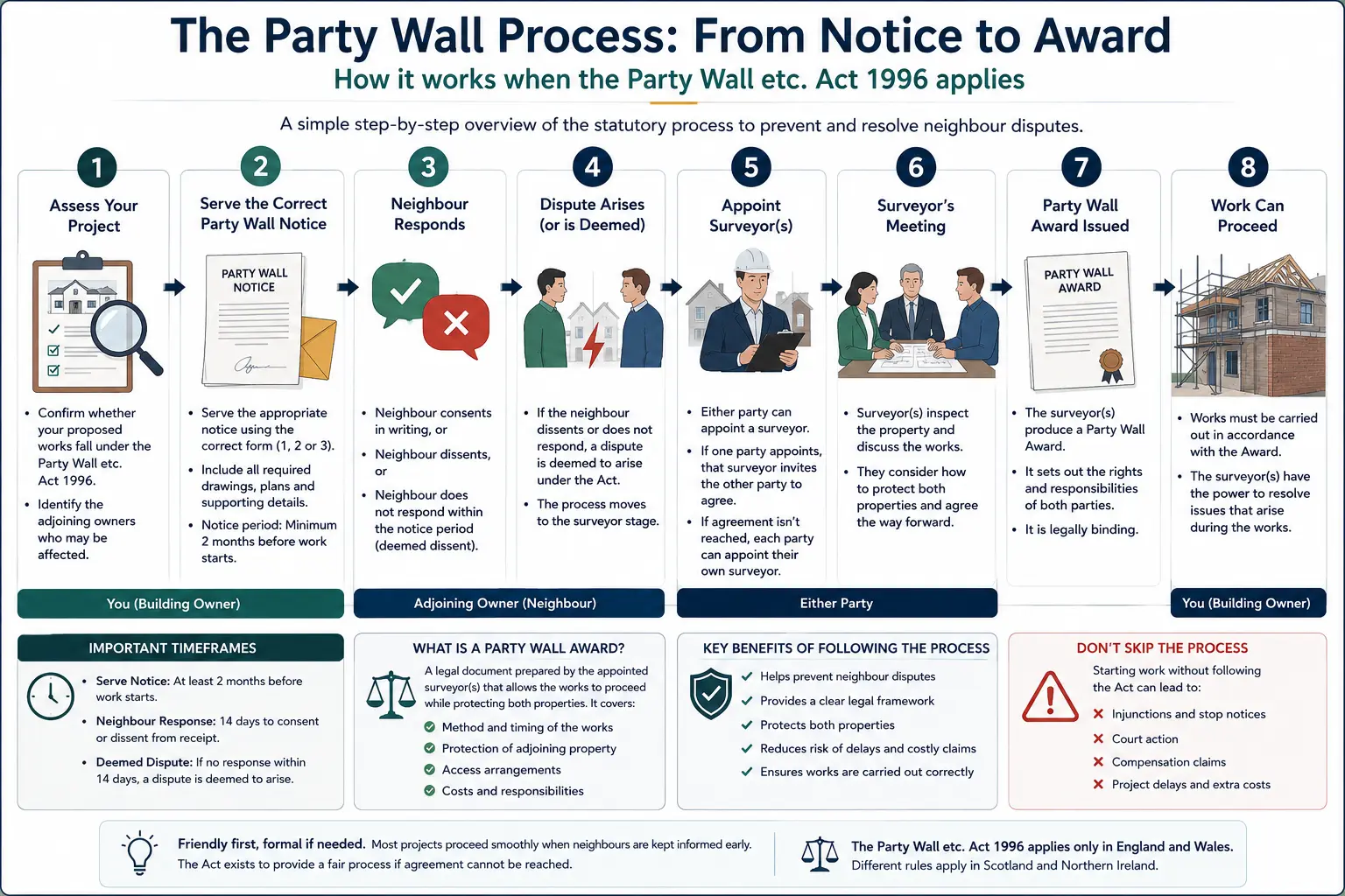 Do I Need a Party Wall Agreement? An infographic showing the party wall process from notice to award in a very interactive way for the citizens living in Farnham, UK