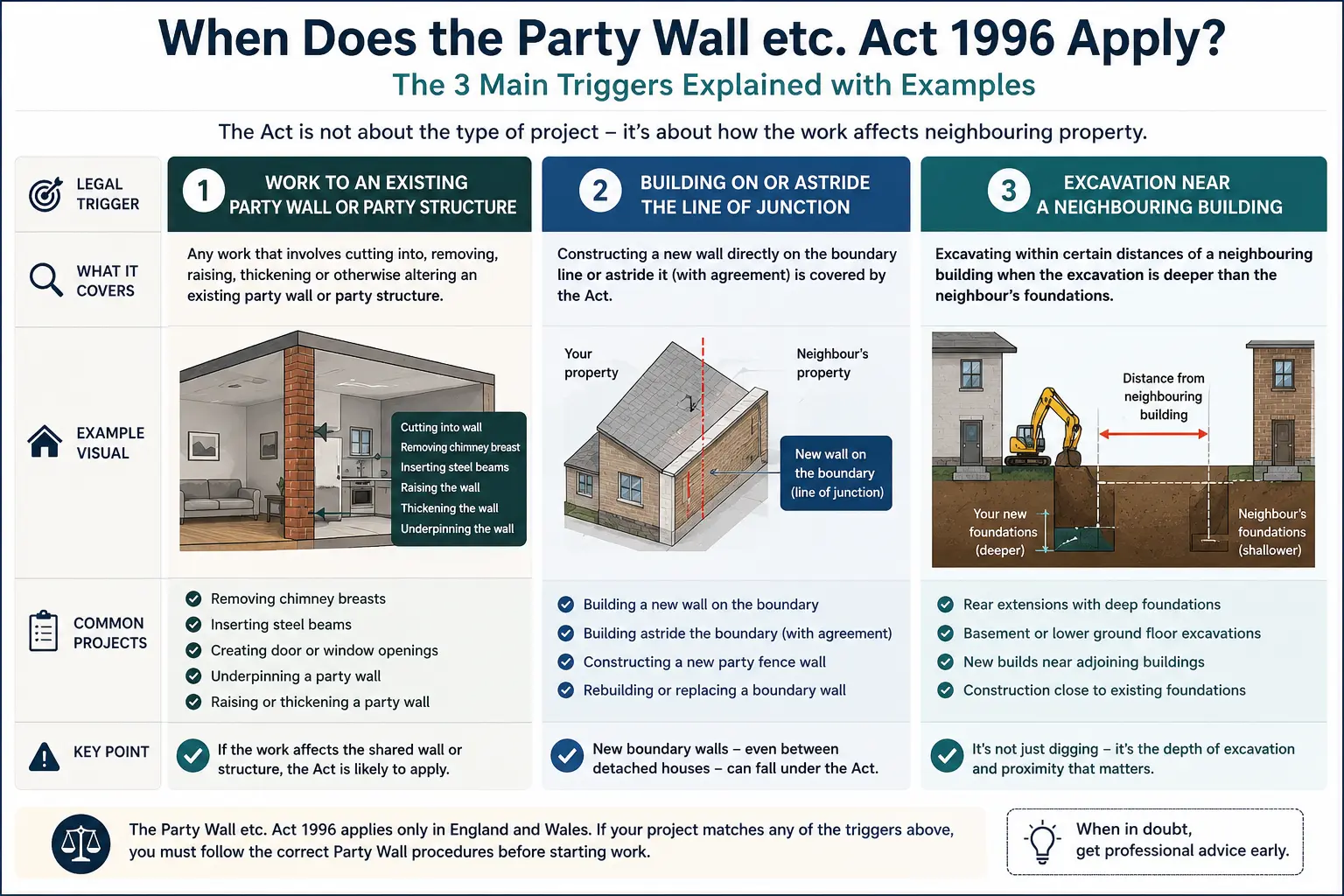 Do I Need a Party Wall Agreement? An infographic showing when does the party wall etc act 1996 apply like excavation, junction, painting, in Farnham, UK